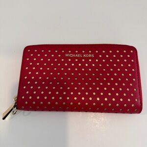 Michael Kors Red Zip Around Wallet With Gold Tone Polka Dots Multiple Pockets CC